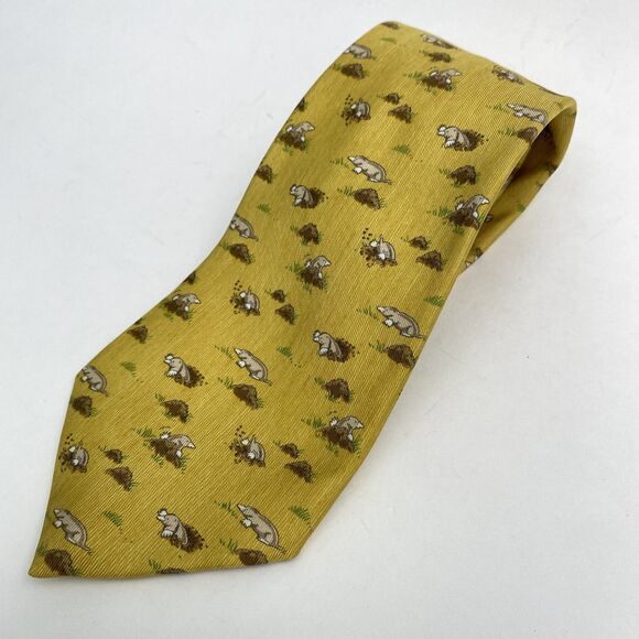 Hermes Paris Tie Mens Yellow Silk Mole Animal Novelty Pattern Luxury Necktie - Picture 3 of 8